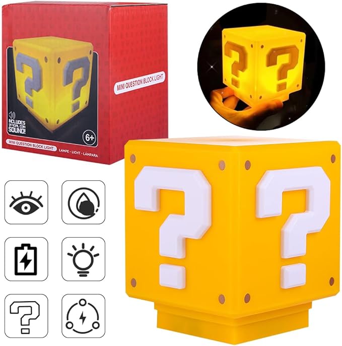 Super Brothers Mini Problem Block Small nightlight with Classic Game Sounds, as nightlight Decoration, Children's Toy or Holiday Day Gift (with USB Power Cord)